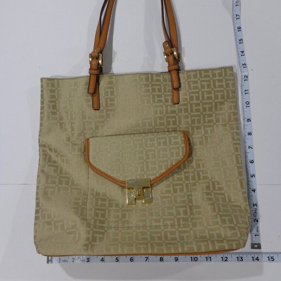 Tommy Hilfiger Tan Signature Logo Large‎ Tote Bag Gold Tone Hardware Brown - Picture 4 of 10